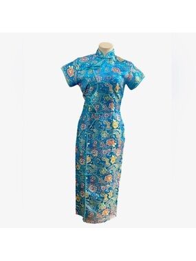 Turquoise Floral Cheongsam Midi Dress with Mandarin Collar